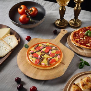 Tabla de cortar de bambú natural Bandeja de servicio de pizza de charcutería redonda ecológica con asa para uso en la cocina - Product Image 1