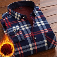 Kemeja Termal Berhias Manik-Manik Musim Gugur/Dingin Pria Berlapis Fleece Tebal Hangat Motif Kotak-Kotak Lengan Panjang Atasan Trendi untuk Pria Muda dan Paruh Baya