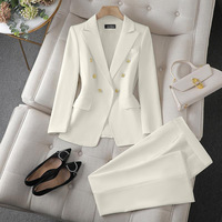 Ensemble blazer pour femme, crème blanc, double boutonnage, boutons dorés, blazer ajusté, pantalon assorti, élégant, chic, bureau, affaires, travail