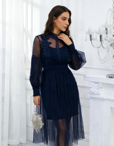 Robe mi-longue trapèze en dentelle marine pour femme grande taille, décontractée d'été, transparente en maille, à manches longues et cintrée à la taille - Product Image 2