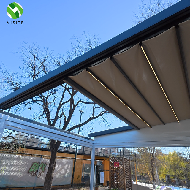 Retractable Roof Outdoor Waterproof PVC Aluminum Motorized Electric Canopy Folding Roof Patio Sun Shade Automatic Pergola Nature