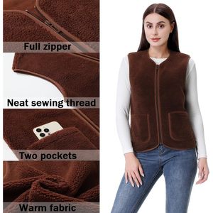 Chaleco de Mujer de Forro Polar Sherpa con Cremallera Completa, Sin Mangas, con Bolsillos, Color Marrón, Talla M - Product Image 5