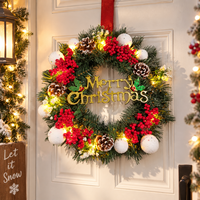 Guirlande de Noël artificielle pré-éclairée avec lumières LED, baies rouges, cônes de pin et inscription Joyeux Noël pour la décoration des fêtes