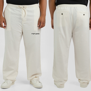 Pantalon décontracté d'été pour homme grande taille en mélange de lin, taille élastique avec cordon de serrage, coupe décontractée, jambe droite - Product Image 3