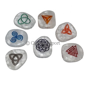 Latest C Eltic Engraved Chakra <b>Set</b> on Unshaped Oval Top Exporter Chakra <b>Set</b> Healing Stone Mascot Style - <b>Crystal</b> Exports - Product Image 1