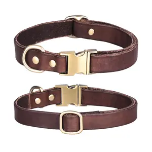 Luxury Cow Leather Dog Collar With Bronze Buckle Pet Leashes And Collars