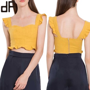 OEM estate Casual fantasia canotta camicie per le donne <span class=keywords><strong>senape</strong></span> di lino giallo svolazzare cinturino in <span class=keywords><strong>camicia</strong></span> Sexy Top corto con motivo intrecciato - Product Image 6