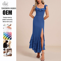 Robe longue d'été élégante pour femme, col carré, volants, sans manches, fendue, idéale pour les fêtes, personnalisable en usine