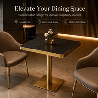 Mesa de Bistro de Piedra Sinterizada Negra de Lujo con Borde Dorado y Base de Pedestal Cuadrado, Muebles Comerciales para Restaurantes