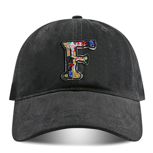 Casquette de baseball vintage noire multicolore avec alphabet anglais organique, personnalisable avec des noms, effet froissé, motif poney - Product Image 5