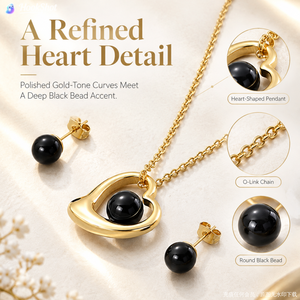 Conjunto de collar y pendientes de cuentas negras con forma de corazón hueco para mujer, de alta calidad, estilo retro, ligero, de acero de titanio en tono plateado - Product Image 4