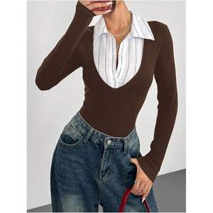 Body de punto elástico a rayas de manga larga con cuello camisero para mujer, estilo preppy - Product Image 1