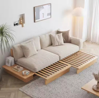 Sofá Cama Japonés de Madera Maciza con Reposabrazos Extensible Convertible, Espuma de Tela Suave, Mesa Elevadora para Sala de Estar con Almacenamiento