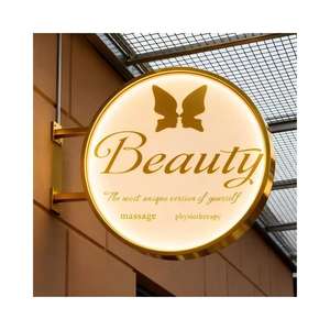 Boîte lumineuse LED double face ronde avec cadre en métal doré de luxe, impression 3D personnalisée, logo mural imperméable pour salon de beauté - Product Image 1