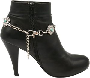Women S PCS Western Boot Chain <b>Bracelets</b> Silver Metal Chain Anklet With Turquoise Blue Flower Charms Adjustable Shoe Ethinc Jewe - Product Image 6