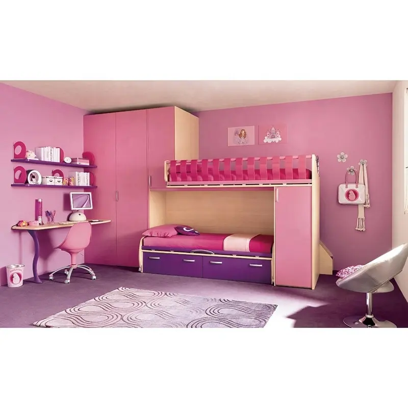 NOVA 20BWB028 Princess Girls Bedroom Set Pink Kids Bed Room Wooden Bunk Beds For Modern Children Bedroom Kid's Bed