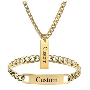 Conjunto de Collar y <span class=keywords><strong>Pulsera</strong></span> de Eslabones Cubanos Personalizados, Acero Inoxidable Chapado en Oro de 18K, Resistente al Agua, con Logotipo DIY, Joyería Unisex - Product Image 1
