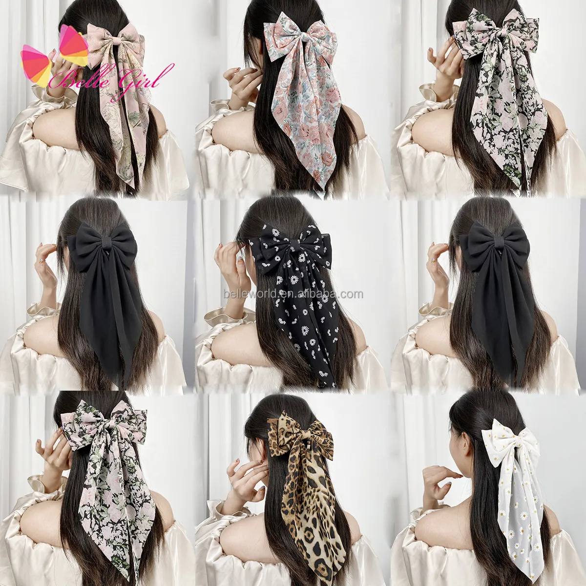 BELLEWORLD 2024 Korean girls fashion accessories floral leopard printed spring clips long ribbon hair bow knot clip for women