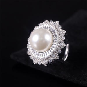 Abiding antik Deluxe zarif büyük yuvarlak 16MM beyaz kabuk inci yüzük imitasyon inci takı 925 gümüş çok Halo kadınlar yüzük - Product Image 2