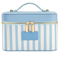 Trousse de toilette rayée en toile pour femme avec garniture en PU, insert organisateur amovible et sangles pour pinceaux, idéale pour le rangement de maquillage en voyage