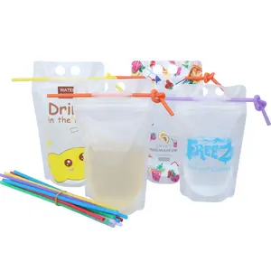 Bolsas plastik untuk liquidos con pitillos kool, tas minuman ramah lingkungan, kantung cairan ritsleting untuk anak-anak