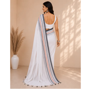 White Cotton Blend Traditional Saree for Women Elegant Soft Lightweight Ethnic Fashion Wear for <b>Office</b> Festival and Events - Product Image 4