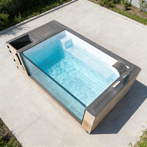 Piscine hors sol en fibre de verre de luxe avec mur en verre acrylique, jardin sur le toit de la maison, bois - Product Image 1