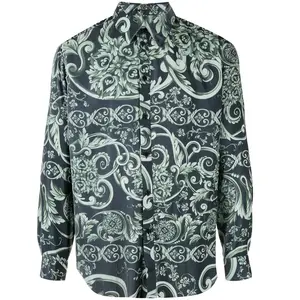 OEM Men's Pleated Baroque printed shirt with Rose featuring a classic collar button placket at front Center long sleeves Shirts