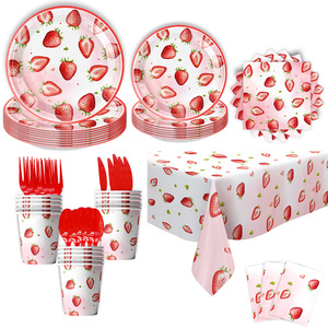 Strawberry Party Supplies Set 60-80 Pcs <b>Plastic</b> Paper Tableware Birthday Decorations Environment Friendly - Product Image 4