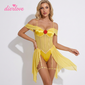Ensemble de lingerie sexy pour <span class=keywords><strong>femme</strong></span>, corset à armatures <span class=keywords><strong>en</strong></span> satin et résille transparente, motif rose rouge, avec <span class=keywords><strong>porte</strong></span>-jarretelles, pour cosplay de princesse jaune - Product Image 1