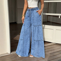 Jean tendance à taille élastique et jambe large, avec cordon de serrage et volants, en denim, grande taille, coupe ample, patchwork, pantalon long pour femme