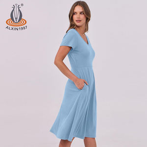 Alxin Groothandel Custom Zomer A-Lijn Korte Mouwen Meisjes Jurken Casual Vrouw Midi Jurk Damesrokken Kleding Damesjurk - Product Image 4