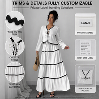 Robe longue personnalisée à manches longues pour femme, style bohème, à volants, avec bordure en ruban, col en V, et liens à nouer sur la poitrine, idéale pour les vacances à la plage