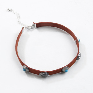 European American Retro <b>Choker</b> Brown Leather Flame Turquoise Stone Bohemian Style Party Necklace - Product Image 4