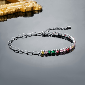 Bracelet Tennis en Chaîne Trombone en Laiton pour Femme, Zircon Cubique Coloré, <span class=keywords><strong>Accessoires</strong></span> Y2K, Cadeau de Luxe de Créateur, Plaqué Platine/Or - Product Image 2