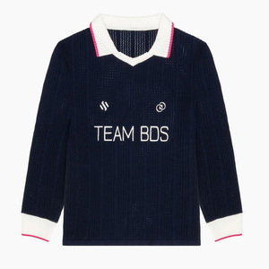 Custom Knitted <strong>Jumper</strong> <strong>Men</strong> Navy Blue Contrast Collar Long Sleeve <strong>Polo</strong> <strong>Jumper</strong> Team Graphic Vintage Soccer Style Knit <strong>Jumper</strong> OEM - Product Image 2