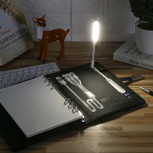 Notebook a5 pu para negócios, banco de energia com led, lâmpada de leitura, usb, carregamento sem fio, notebook com 3 cabl