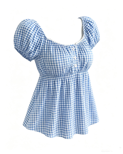 Blue and <b>White</b> Gingham Peplum Women Blouse Square Neck Puff Short Sleeve Button Front Summer Shirt - Product Image 1