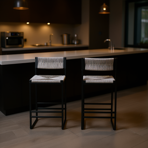 Juego de 2 taburetes de bar Db Gray, altura de mostrador, con estructura metálica y cuerda de papel tejida, muebles modernos y contemporáneos para cocina y uso comercial. - Product Image 2