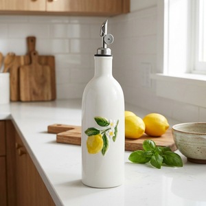 Dosificador de Aceite de Oliva de Cerámica Blanca con Grabado de Limón, Botella con Tapa y Boquilla Estrecha para Cocina, Camping - Product Image 1