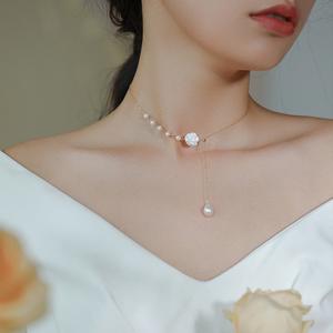 French Retro <b>Double</b>-Sided White Rose and Natural Pearl <b>Necklace</b> Choker Collarbone Chain Worn Twice - Product Image 1