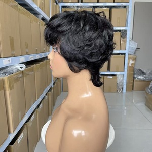 Parrucche Corte alla Moda, Prodotte a Macchina, in Pizzo, a Densità Piena, con Capelli Umani Brasiliani Originali, Adatte per Donne Nere - Product Image 1