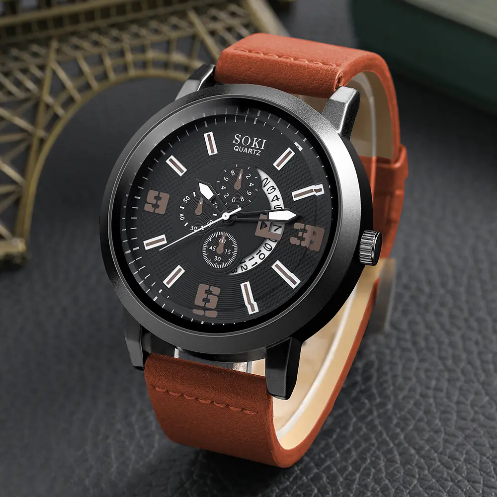 Hot Selling Waterproof Casual Leather Strap Date Quartz Wristwatch Man Simple Sport Style Male Clock Quartz Watches For Men