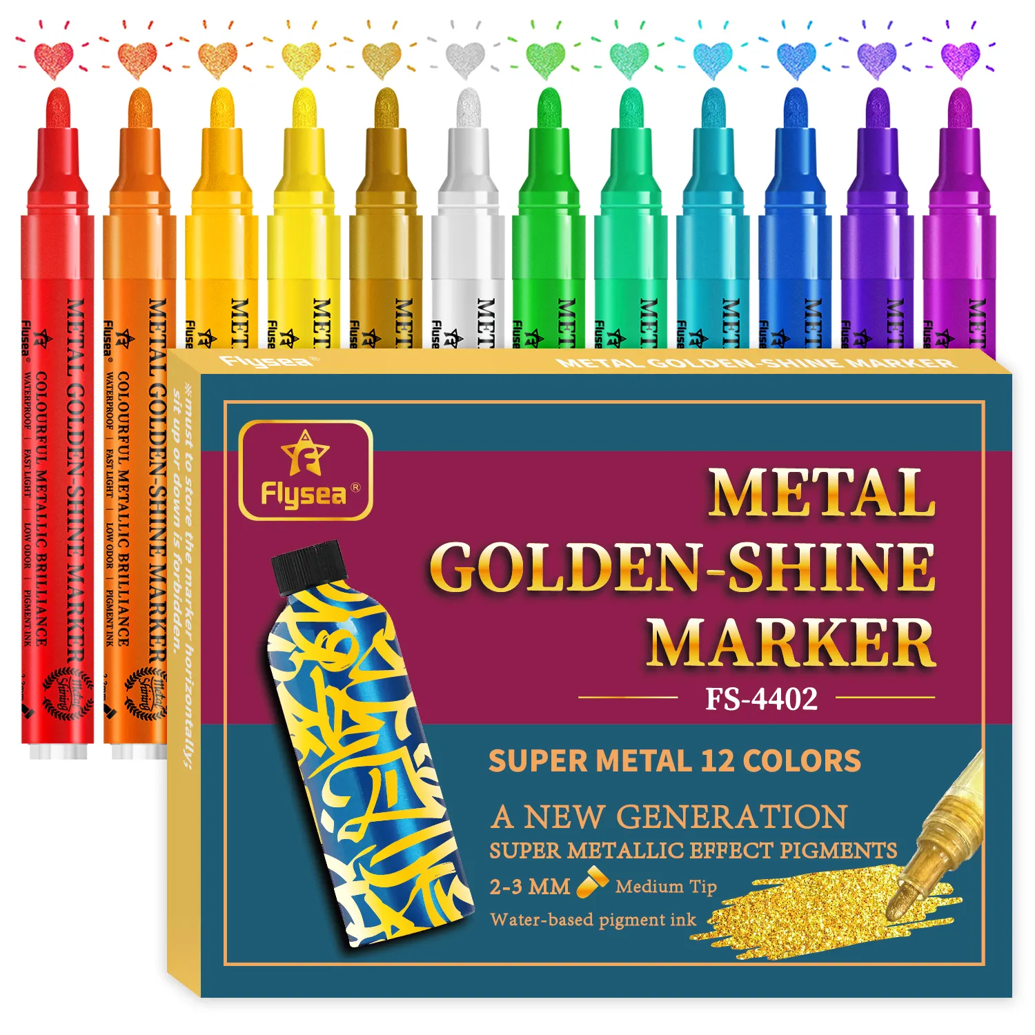 Penjualan langsung dari pabrik pena Glitter seni metalik 12 macam warna pena cat akrilik metalik titik sedang untuk seniman