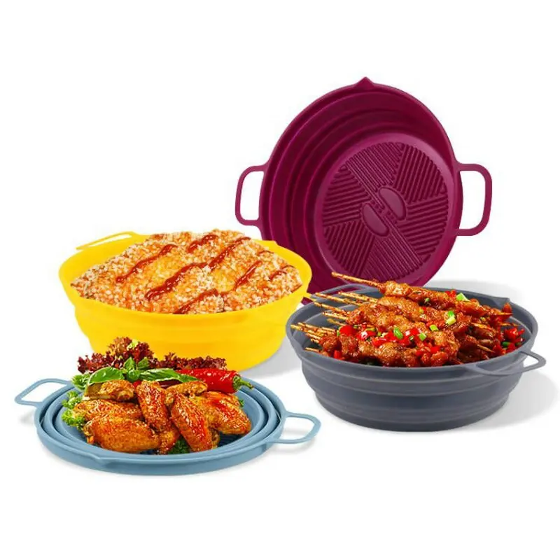 Hot Selling Bpa Gratis Herbruikbare Siliconen Air Friteuse Pot Liners Opvouwbare Siliconen Bakplaat Cake Pan Siliconen Potten Voor Lucht Friteuse