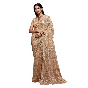 Sari de Georgette con Lentejuelas Doradas y Bordados, Estilo Indio Tradicional de Lujo para Fiestas y Eventos Nocturnos - Product Image 1