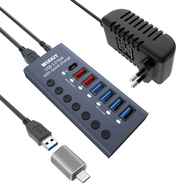 36W 7 Port USB 3.0 Hub with Individual Power Switches and LEDs Includes 36W 12V/3A Power Adapter