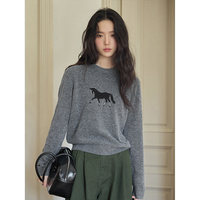 Pull en cachemire personnalisé à col rond et manches longues, imprimé animal, avec logo sur le devant, pour femme, hiver, gris haut de gamme