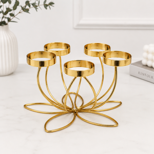 Portavelas Votivo de Cristal con 5 Luces, Diseño Loto Dorado, Calidad Premium – Centro de Mesa Moderno de Metal para Hogar, Mesa de Comedor y Decoración de Bodas - Product Image 2
