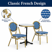 Ensemble de 2 chaises bistrot à carreaux bleus et blancs avec petite table en marbre à bord doré, ensemble de sièges modernes pour jardin, balcon, extérieur